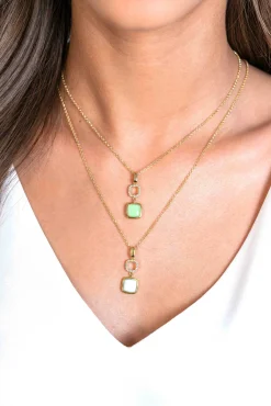New Zinzi gold plated zilveren tweezijdige hanger 30mm vierkant met witte onyx en mintgroene kleursteen ZIH2308 (zonder collier)