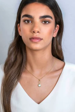 New Zinzi gold plated zilveren tweezijdige hanger 30mm vierkant met witte onyx en mintgroene kleursteen ZIH2308 (zonder collier)