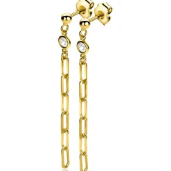 Clearance Zinzi gold plated zilveren oorstekers lange paperclip ketting 58mm witte zirconia ZIO2363Y
