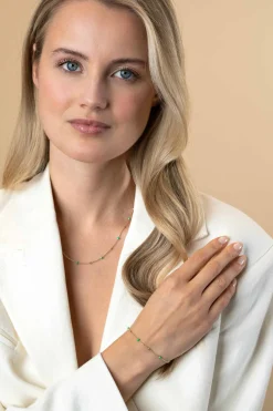New Zinzi gold plated zilveren fantasie armband met 5 groene donuts en glanzende bolletjes 17-19,5cm ZIA2509
