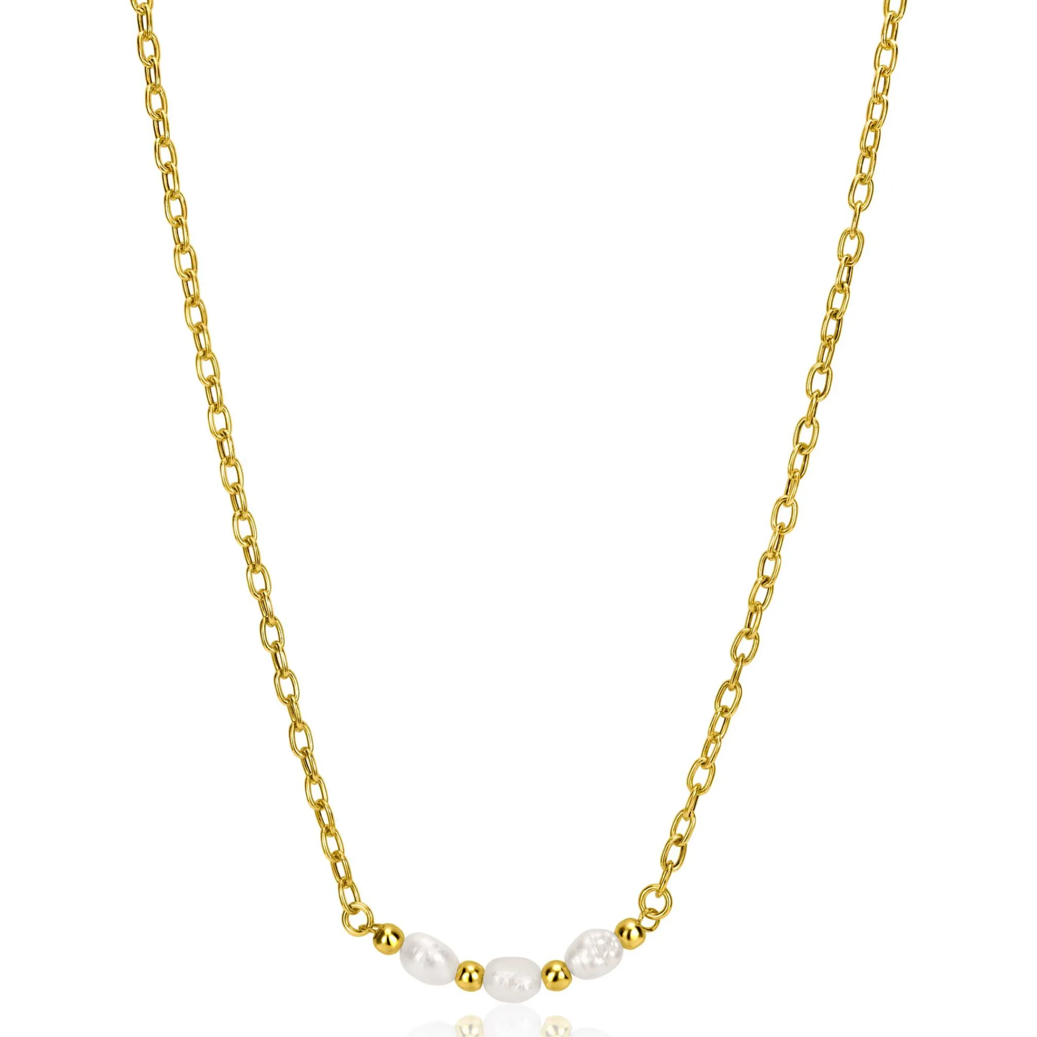 New Zinzi gold plated zilveren schakelketting met drie witte natuurlijk gevormde zoetwaterparels in het midden 42-45cm ZIC2643