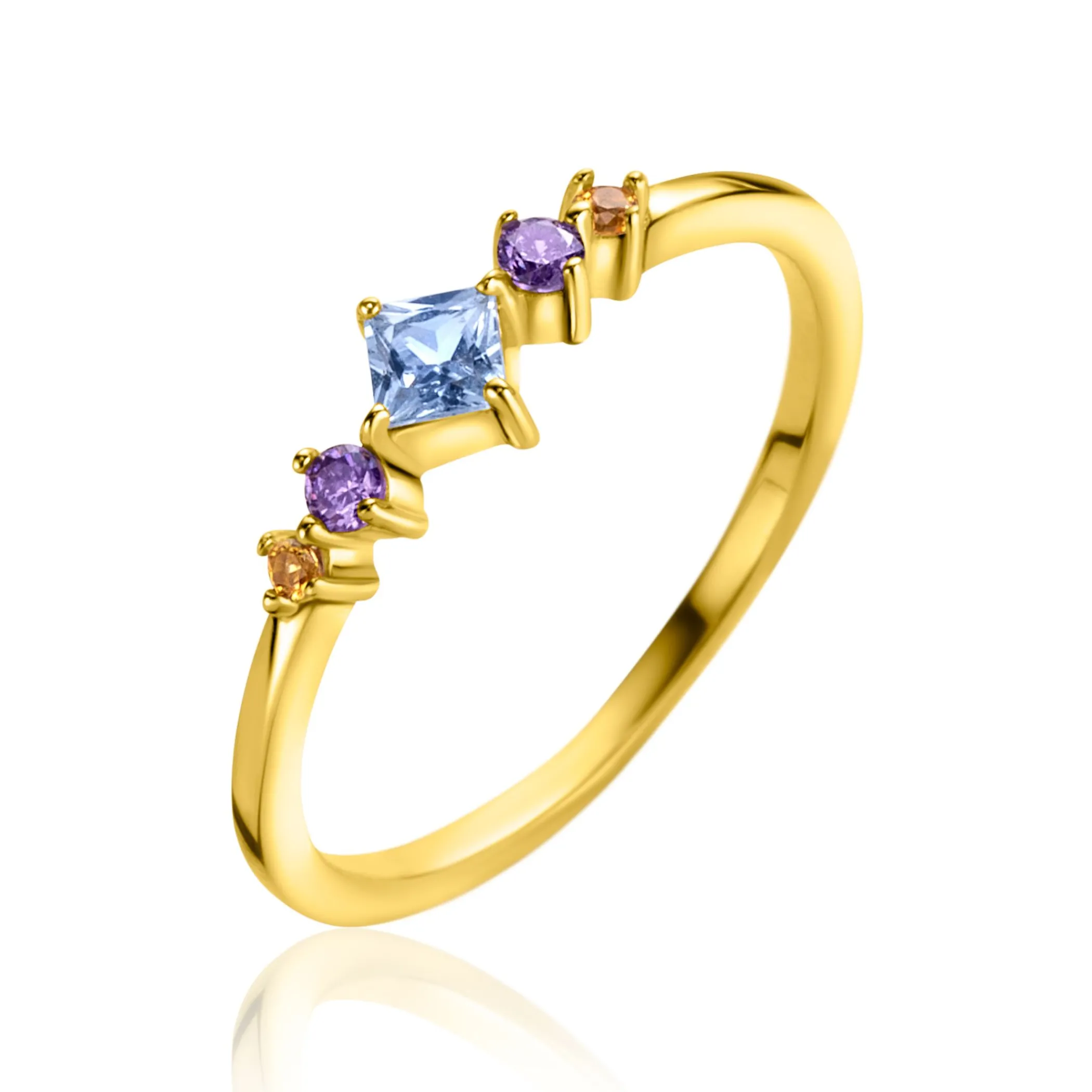 Best Zinzi gold plated zilveren ring met blauw, paars en champagne kleurstenen in ruitvorm ZIR2443