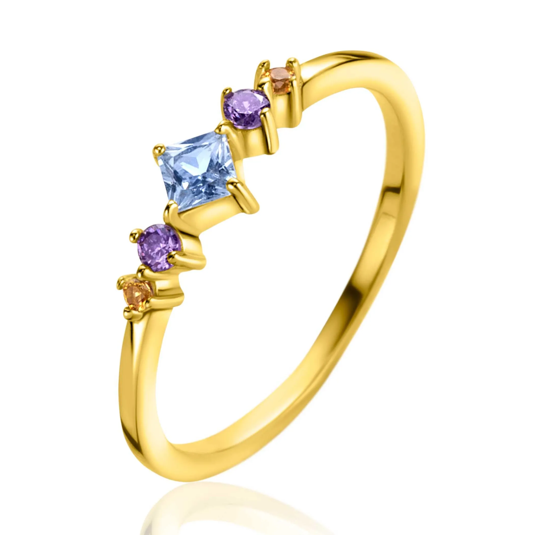 Best Zinzi gold plated zilveren ring met blauw, paars en champagne kleurstenen in ruitvorm ZIR2443