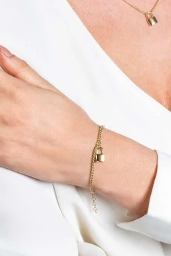 Outlet Zinzi gold plated zilveren gourmet armband met trendy slotje als bedeltje 16,5-19,5cm ZIA2354G