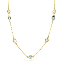 Discount Zinzi gold plated zilveren ketting met ronde en vierkante zettingen jeansblauw en witgrijs 42-45cm ZIC2526G