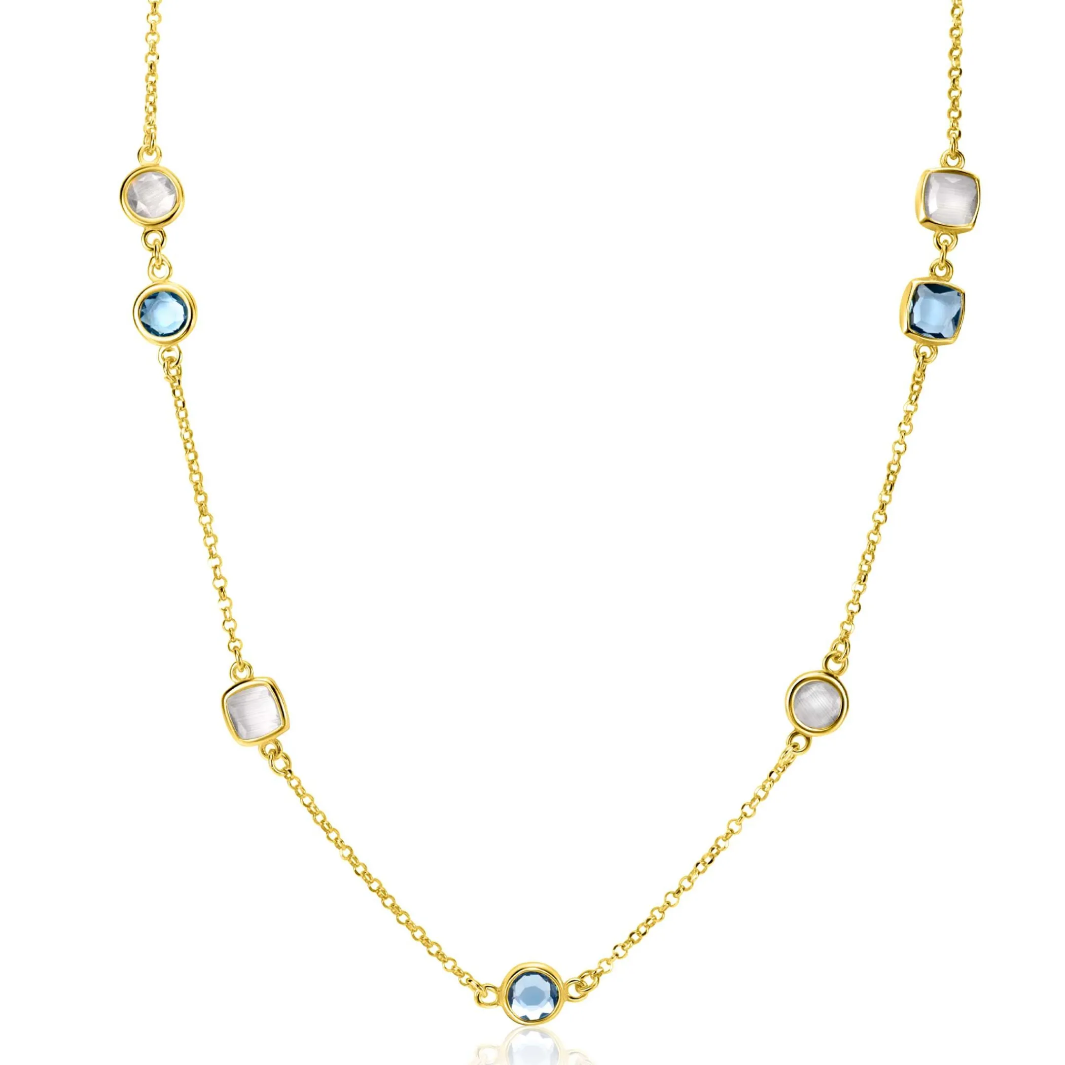Discount Zinzi gold plated zilveren ketting met ronde en vierkante zettingen jeansblauw en witgrijs 42-45cm ZIC2526G