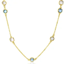 Discount Zinzi gold plated zilveren ketting met ronde en vierkante zettingen jeansblauw en witgrijs 42-45cm ZIC2526G