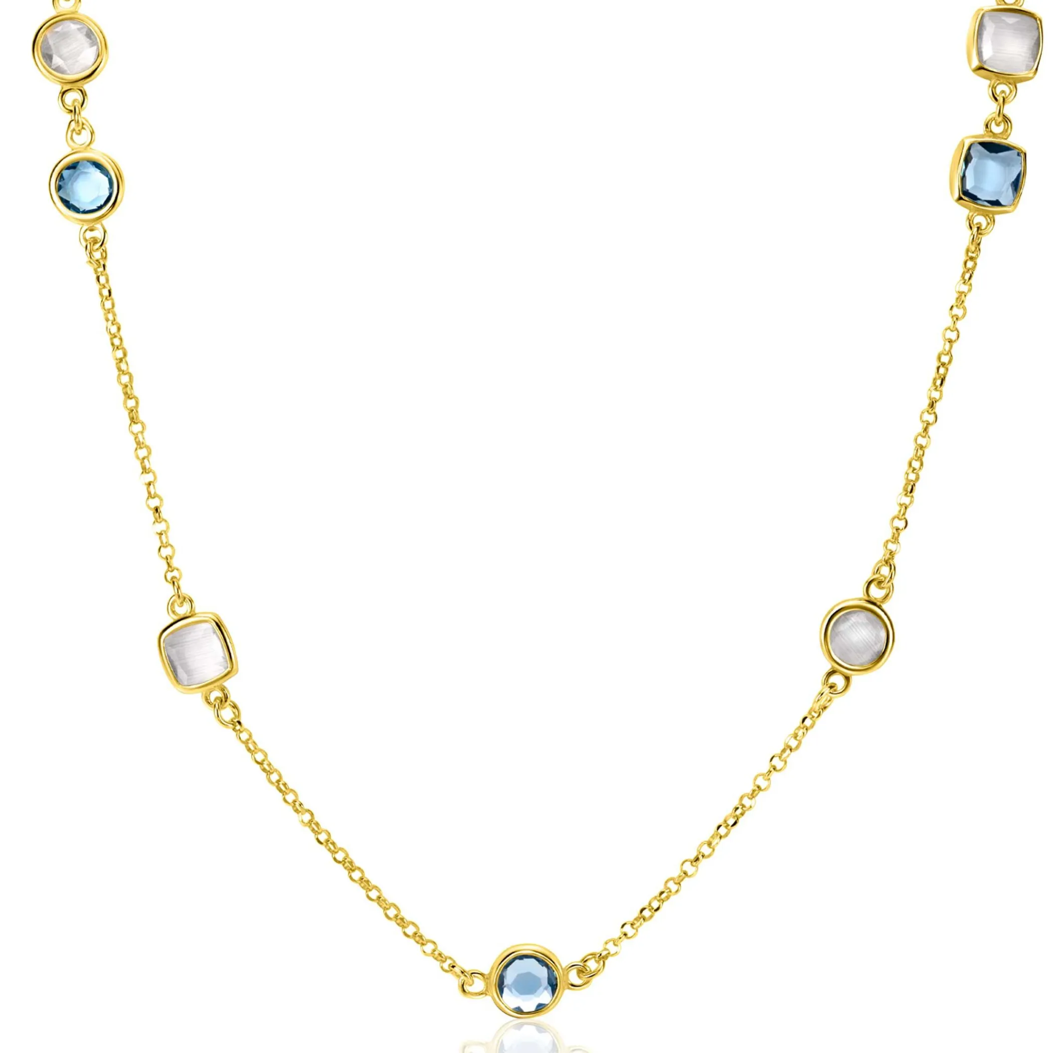 Discount Zinzi gold plated zilveren ketting met ronde en vierkante zettingen jeansblauw en witgrijs 42-45cm ZIC2526G