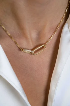 Clearance Zinzi gold plated zilveren schakel ketting 45cm met 2 grote ovale schakels, bezet met witte zirconia ZIC2371Y