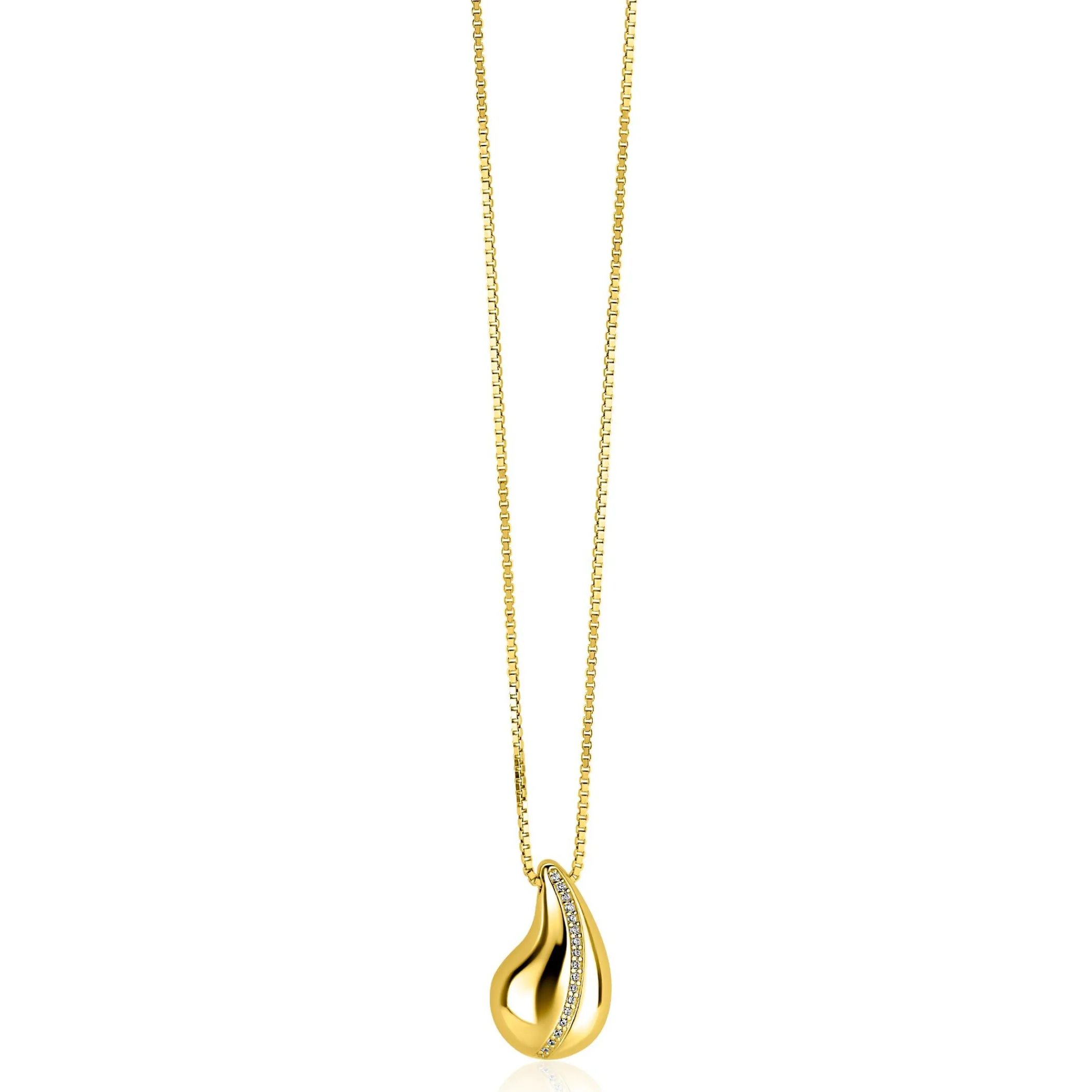 Zinzi gold plated zilveren venetiaanse ketting 45-48cm met druppelvormige hanger 20mm, golvende rij witte zirkonia's ZIC2707Y