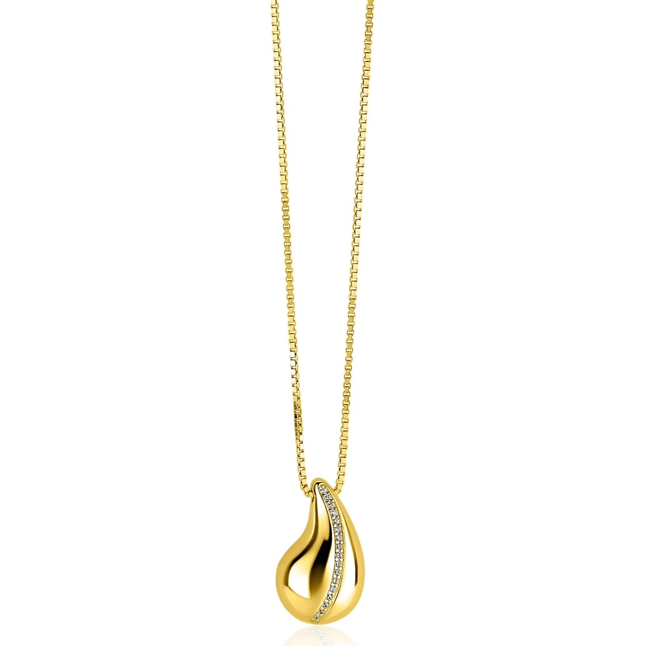 Zinzi gold plated zilveren venetiaanse ketting 45-48cm met druppelvormige hanger 20mm, golvende rij witte zirkonia's ZIC2707Y