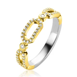 Hot Zinzi gold plated zilveren ring met drie trendy ovale schakels, schitterend bezet met witte zirconia's ZIR2398Y