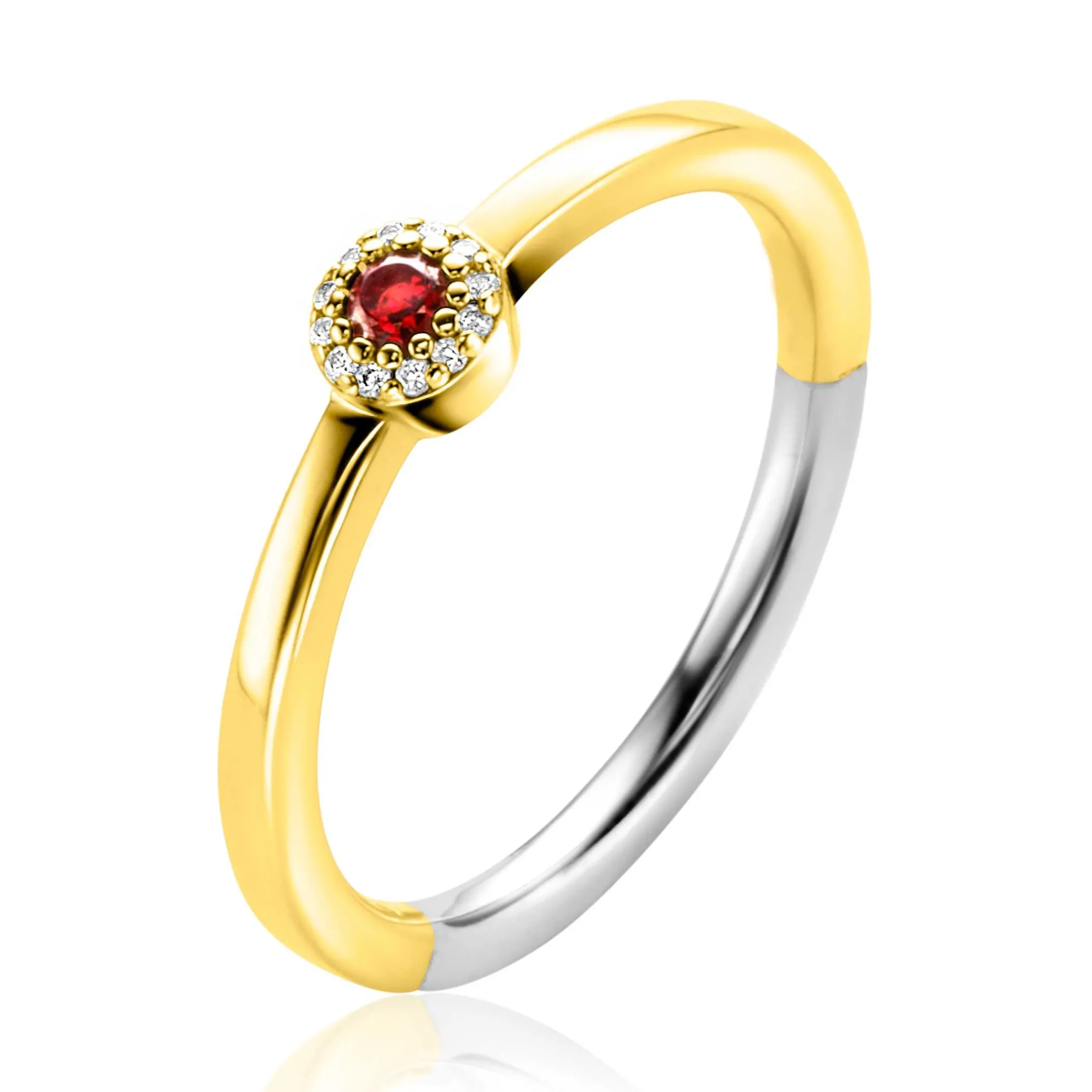 Outlet Zinzi gold plated zilveren ring ronde zetting met rood granaat kleursteen en rondom witte zirconia's 4,5mm breed ZIR2560