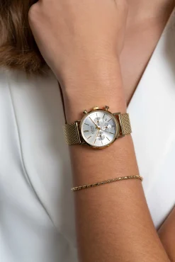 Online Zinzi horloge CHRONOGRAPH 34mm zilverkleurige wijzerplaat met datum en chronometers, geelgoudkleurige stalen kast, geelgoudkleurige stalen mesh band 18mm ZIW1533