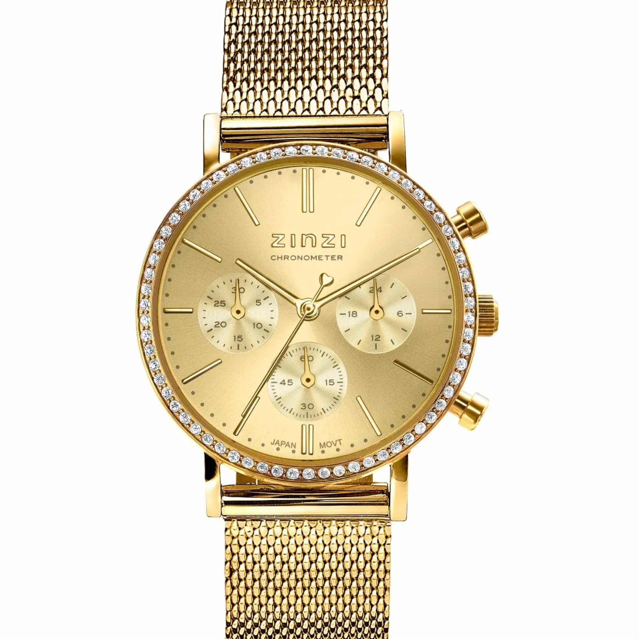 Sale Zinzi horloge CHRONOGRAPH 36mm stopwatch geelgoudkleurige wijzerplaat, geelgoudkleurige stalen kast met crystals, geelgoudkleurige stalen mesh band 18mm ZIW1610