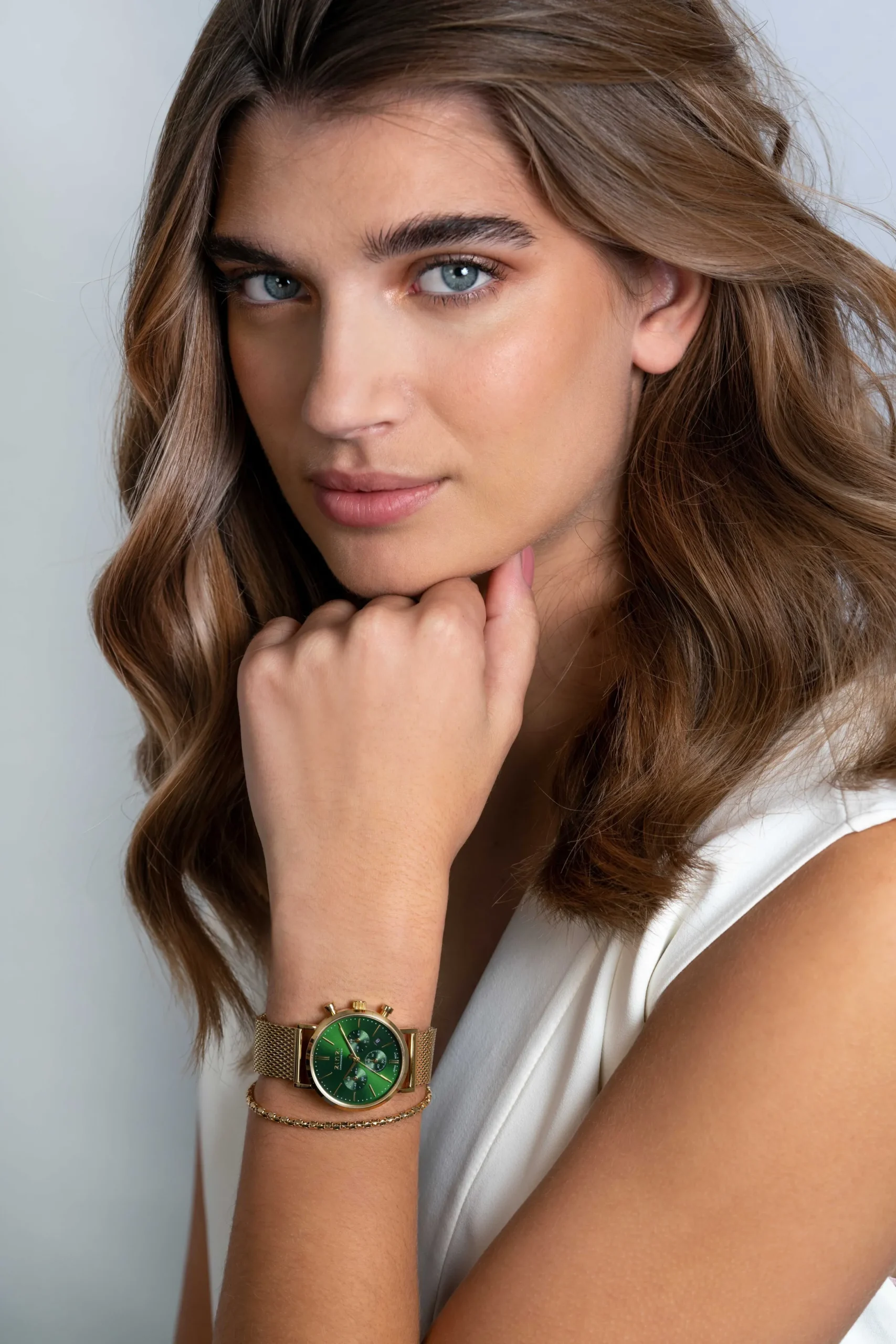 Outlet Zinzi horloge CHRONOGRAPH 34mm groene wijzerplaat met datum en chronometers, geelgoudkleurige stalen kast, geelgoudkleurige stalen mesh band 18mm ZIW1535