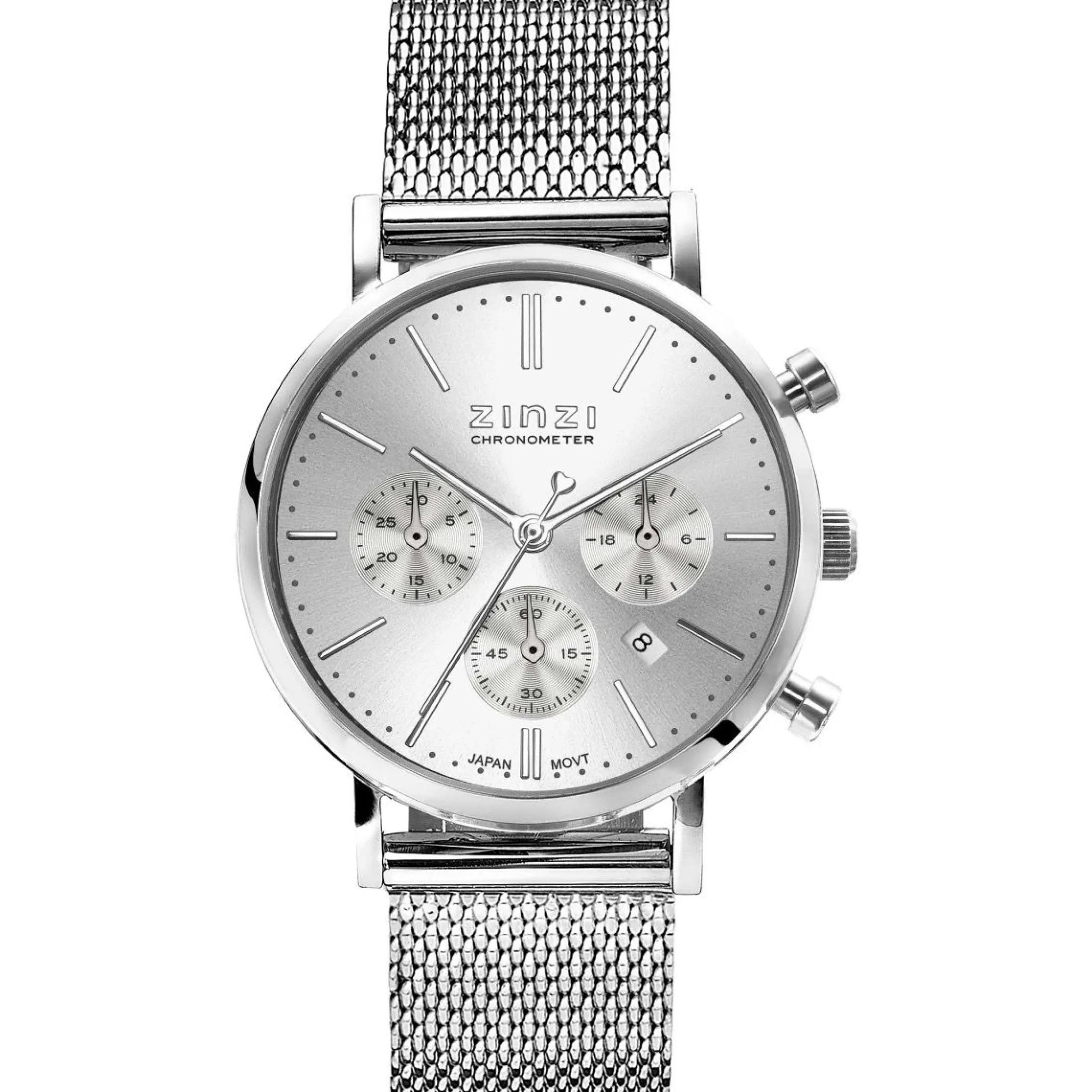 Discount Zinzi horloge CHRONOGRAPH 34mm zilverkleurige wijzerplaat met datum en chronometers, stalen kast, stalen mesh band 18mm ZIW1502