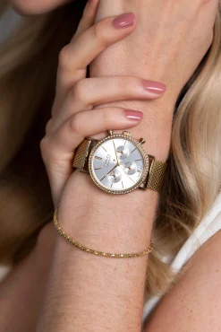 Clearance Zinzi horloge CHRONOGRAPH 36mm stopwatch zilverkleurige wijzerplaat, geelgoudkleurige stalen kast met crystals, geelgoudkleurige stalen mesh band 18mm ZIW1633
