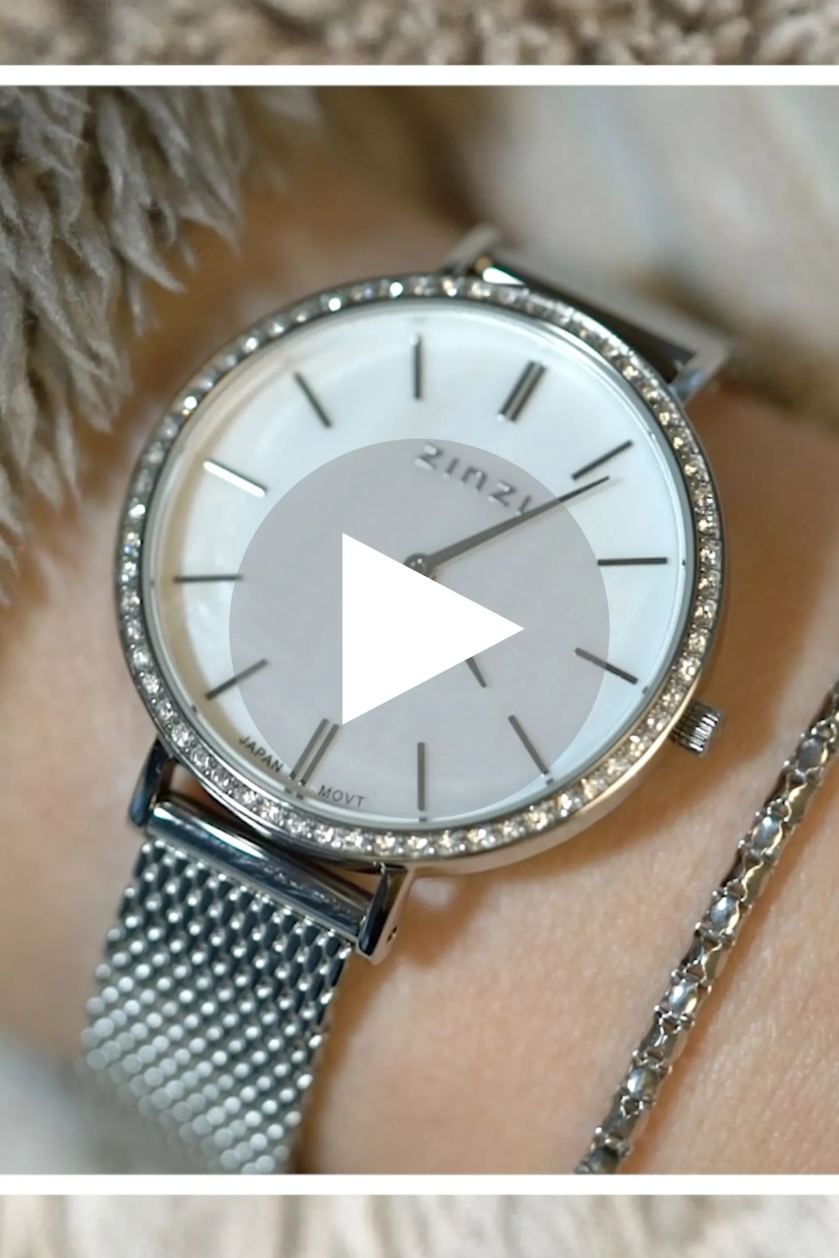 Outlet Zinzi horloge GRACE 34mm wit parelmoer wijzerplaat, rondom bezet met witte crystals, stalen kast en band ziw1317