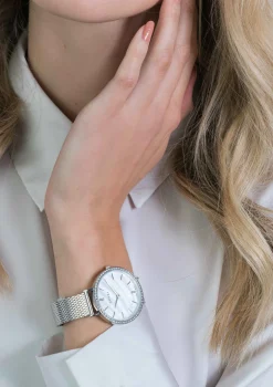 Outlet Zinzi horloge GRACE 34mm wit parelmoer wijzerplaat, rondom bezet met witte crystals, stalen kast en band ziw1317