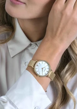Best Zinzi horloge GRACE 34mm wit parelmoer wijzerplaat, rondom bezet met witte crystals, goudkleurige stalen kast en band ziw1334