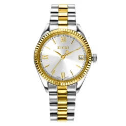 Outlet Zinzi Iconic horloge 30mm met datum, goudgekleurde gekartelde rand, zilverkleurige wijzerplaat en stalen bicolor schakelband ZIW2233