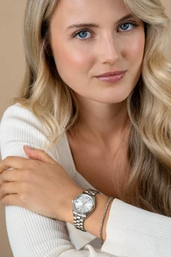 New Zinzi Iconic horloge 30mm met datum, gekartelde rand, zilverkleurige wijzerplaat en stalen schakelband ZIW2202
