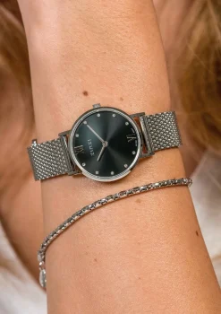 Best Zinzi Lady Crystal horloge zwarte wijzerplaat en kast stalen mesh band, witte crystals bij uuraanduiding, 28mm extra dun ZIW629M