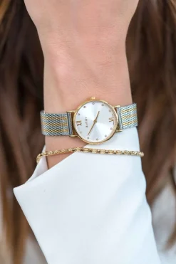 Sale Zinzi Lady Crystal horloge zilvergekleurde wijzerplaat, geelgoudkleurige kast en bicolor stalen mesh band, witte crystals bij uuraanduiding, 28mm extra dun ZIW633MB