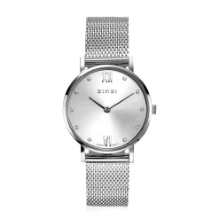 Sale Zinzi Lady Crystal horloge zilvergekleurde wijzerplaat en kast stalen mesh band, witte crystals bij uuraanduiding, 28mm extra dun ZIW628M