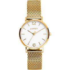 Online Zinzi Lady horloge witte wijzerplaat stalen kast geelgoudkleurig stalen mesh band geelgoudkleurig 28mm extra dun ZIW607M
