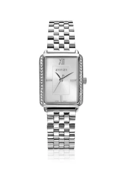 Online Zinzi Lucia horloge 28mm rechthoekige kast, bezet met witte zirkonia's en zilverkleurige wijzerplaat, stalen schakelband ZIW2302