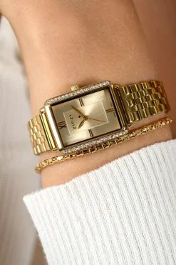 Sale Zinzi Lucia horloge 28mm rechthoekige kast, bezet met witte zirkonia's en goudkleurige wijzerplaat, stalen schakelband ZIW2310