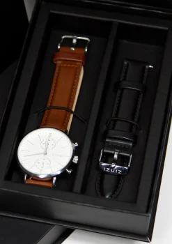 Sale Zinzi Man watch Traveller white witte wijzerplaat stalen kast bruine leren band 39mm dual time ZIW740
