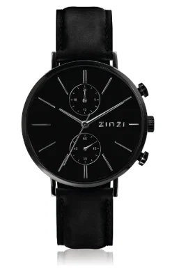 Online Zinzi Man watch Traveller black zwarte wijzerplaat matzwarte stalen kast zwarte leren band 39mm dual time ZIW750