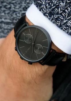 Online Zinzi Man watch Traveller black zwarte wijzerplaat matzwarte stalen kast zwarte leren band 39mm dual time ZIW750