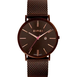 Sale Zinzi Retro horloge bruin gekleurde wijzerplaat met rosé wijzers en bruine stalen mesh band 38mm extra dun ZIW415M