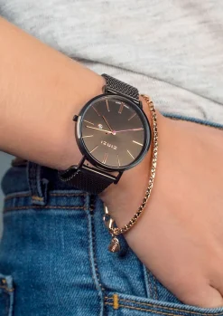 Sale Zinzi Retro horloge bruin gekleurde wijzerplaat met rosé wijzers en bruine stalen mesh band 38mm extra dun ZIW415M