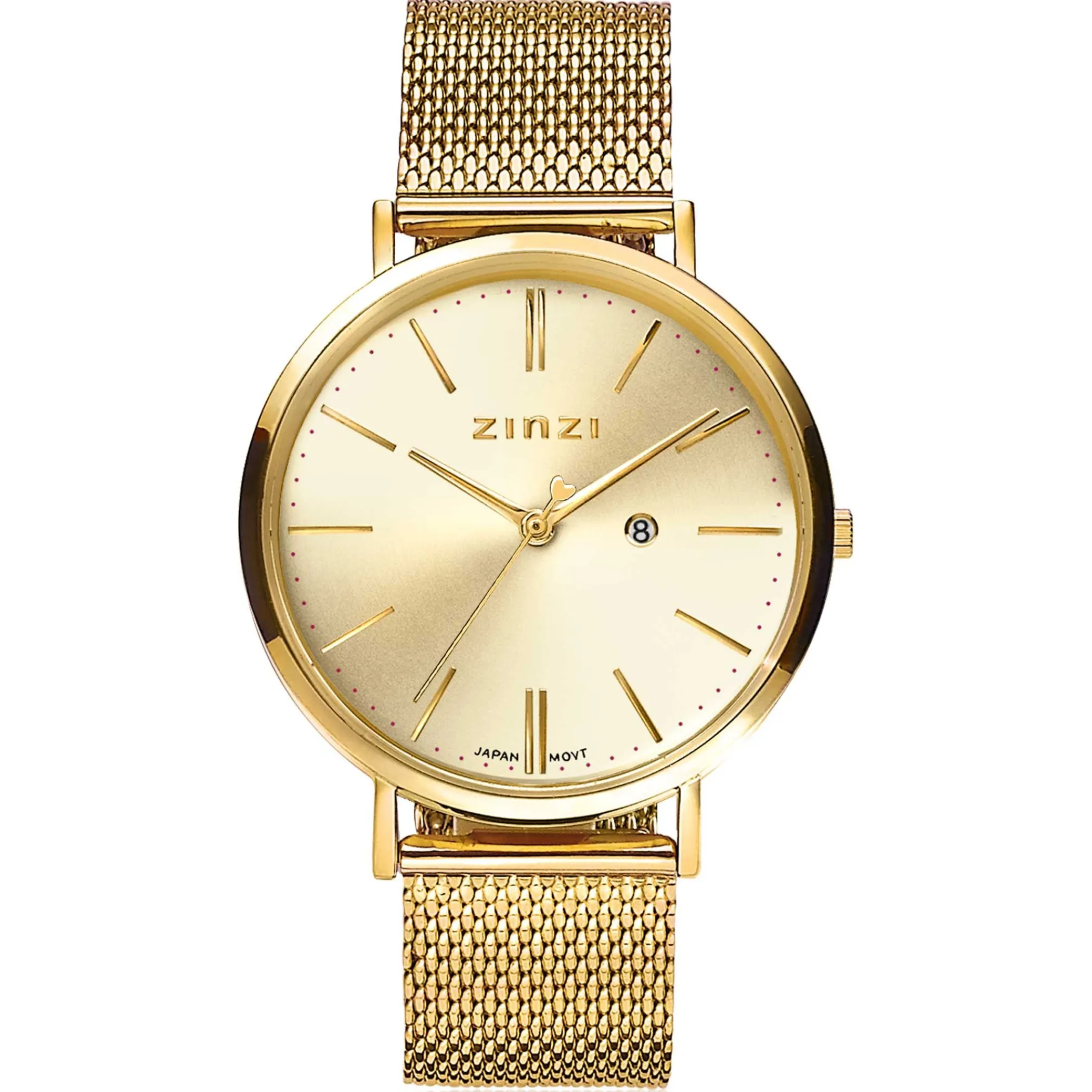 Outlet Zinzi Retro horloge goudkleurige wijzerplaat en goudkleurige stalen kast en stalen mesh band 38mm extra dun ZIW410M