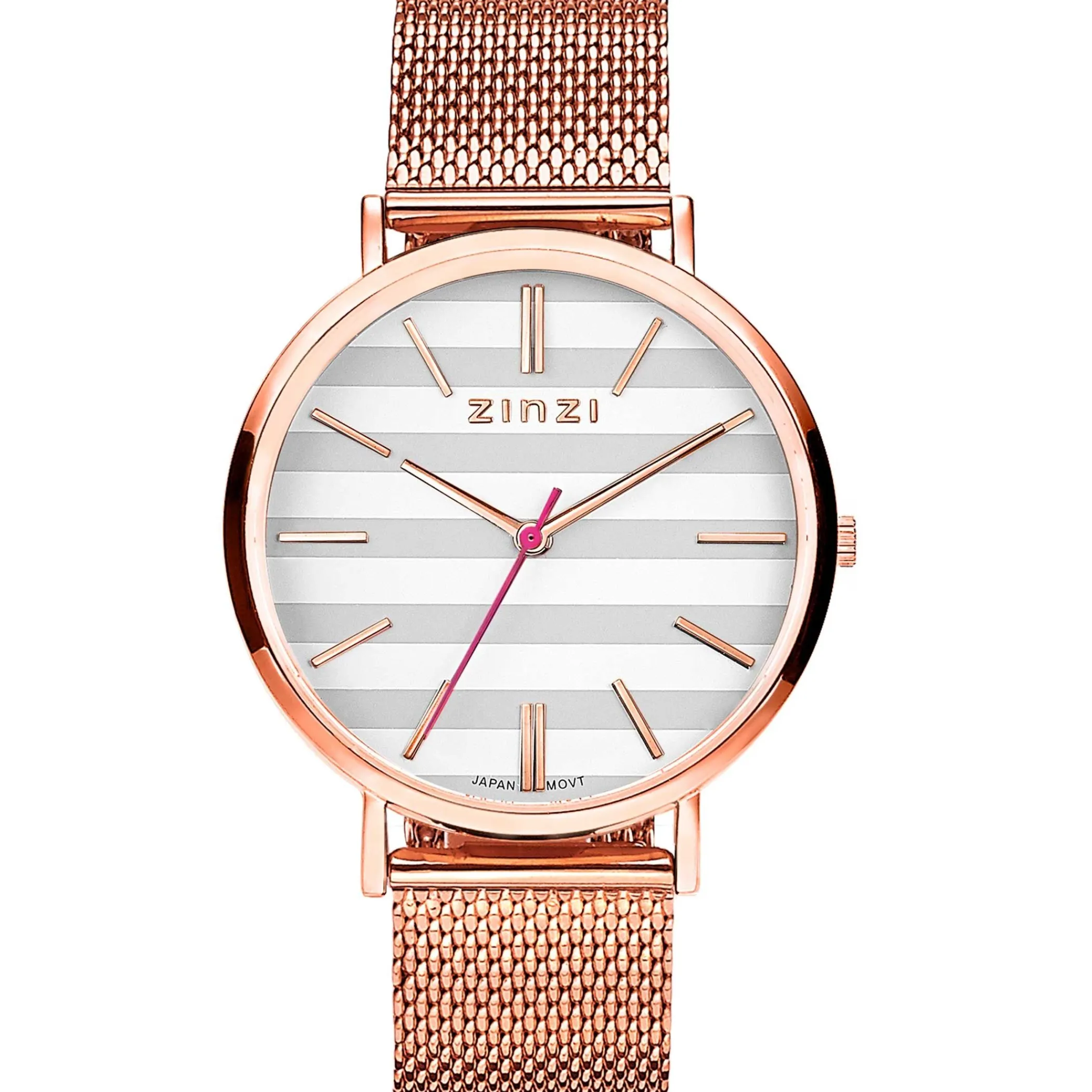 Best Zinzi Retro horloge grijs-wit gestreepte wijzerplaat roségoudkleurige kast stalen mesh band roségoudkleurig 38mm extra dun ZIW420M