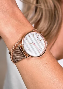 Best Zinzi Retro horloge grijs-wit gestreepte wijzerplaat roségoudkleurige kast stalen mesh band roségoudkleurig 38mm extra dun ZIW420M