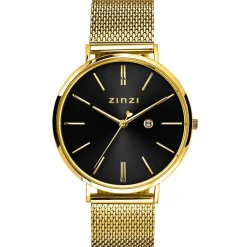 Online Zinzi Retro horloge 38mm zwarte wijzerplaat en geelgoudkleurige stalen kast stalen mesh band geelgoudkleurig extra dun ZIW443M