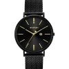 Online Zinzi Retro horloge 38mm zwarte wijzerplaat, goudkleurige wijzers, zwarte stalen kast, zwarte stalen mesh band extra dun ZIW449M