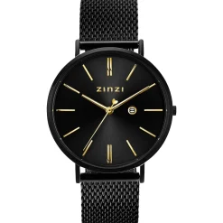 Online Zinzi Retro horloge 38mm zwarte wijzerplaat, goudkleurige wijzers, zwarte stalen kast, zwarte stalen mesh band extra dun ZIW449M