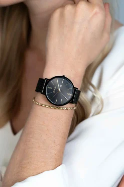 Online Zinzi Retro horloge 38mm zwarte wijzerplaat, goudkleurige wijzers, zwarte stalen kast, zwarte stalen mesh band extra dun ZIW449M