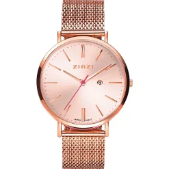 Sale Zinzi Retro horloge roségoudkleurige wijzerplaat en kast stalen mesh band roségoudkleurig 38mm extra dun ZIW405M