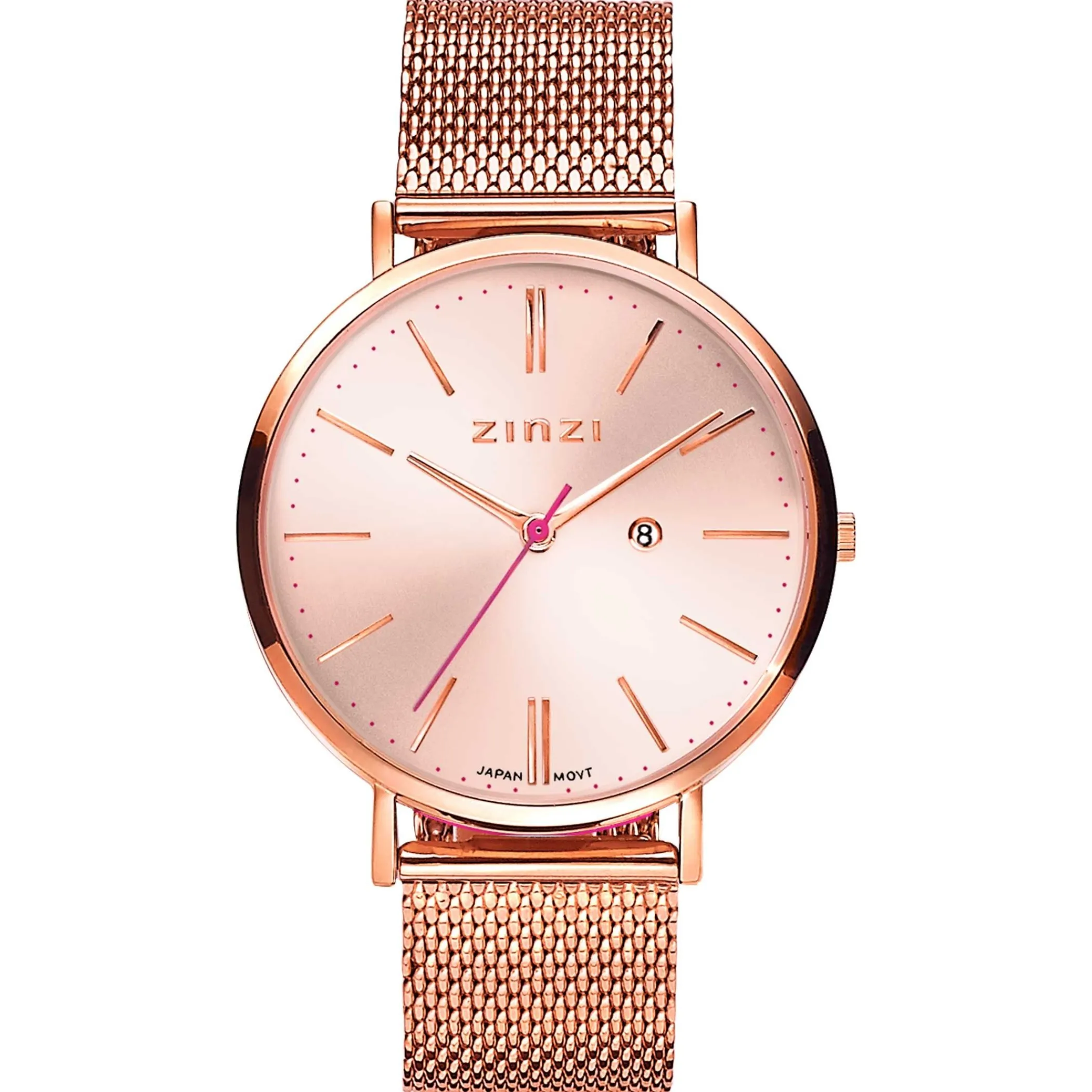 Sale Zinzi Retro horloge roségoudkleurige wijzerplaat en kast stalen mesh band roségoudkleurig 38mm extra dun ZIW405M