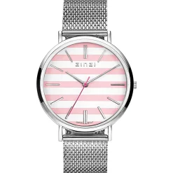 Online Zinzi Retro horloge roze-wit gestreepte wijzerplaat zilvergekleurde kast stalen mesh band 38mm extra dun ZIW419M