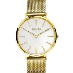 Online Zinzi Retro horloge witte parelmoer wijzerplaat en geelgoudkleurige stalen kast stalen mesh band geelgoudkleurig 38mm extra dun ZIW448M