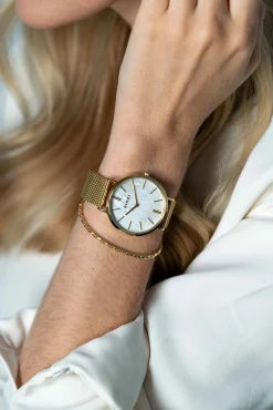 Online Zinzi Retro horloge witte parelmoer wijzerplaat en geelgoudkleurige stalen kast stalen mesh band geelgoudkleurig 38mm extra dun ZIW448M